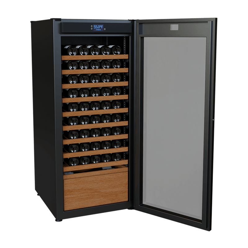Wine Guardian Luxury Ultimate Storage single-zone wine refrigerator with the door open