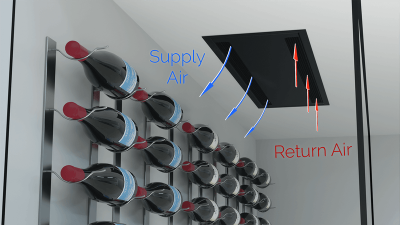 Wine Wall ceiling unit above a wine display, with supply and return air paths