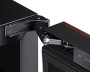 Summit ALWC532PNR panel-ready 24 in ADA dual-zone wine refrigerator, hinge detail with a custom wood panel
