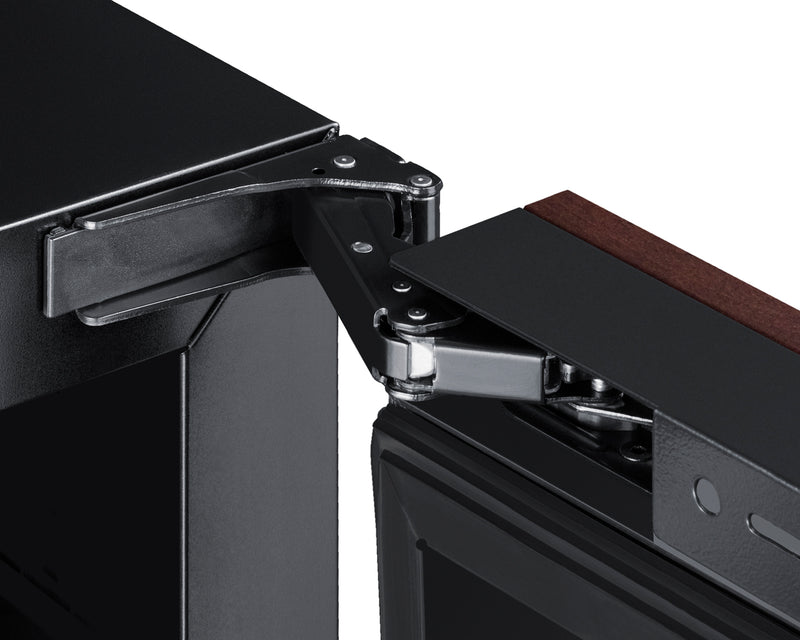 Summit ALWC532PNR panel-ready 24 in ADA dual-zone wine refrigerator, hinge detail with a custom wood panel