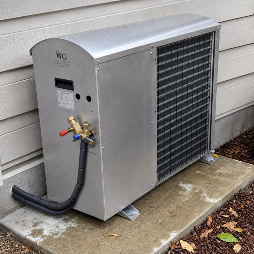 Wine Guardian DS025 condensing unit installed outdoors on a concrete pad