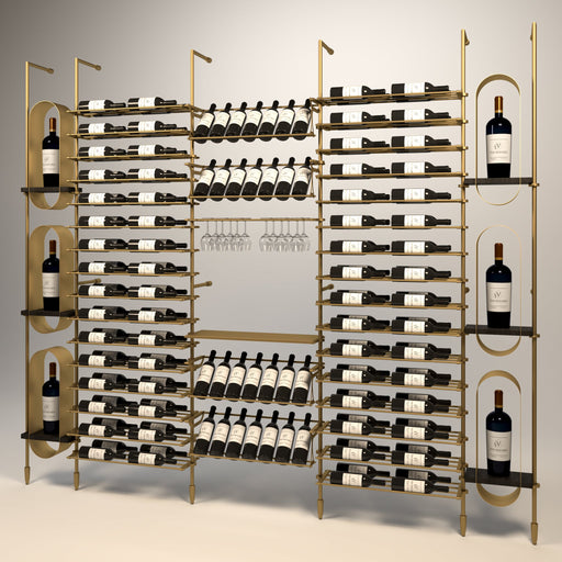 Fittings Abruzzo wine wall, 160 bottles, floor-to-ceiling metal wine rack in gold finish