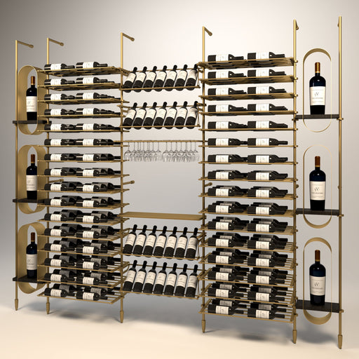 Fittings Abruzzo wine wall, 224 bottles, floor-to-ceiling metal wine rack in gold finish