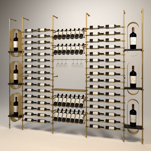 Fittings Abruzzo wine wall, 96 bottles, floor-to-ceiling metal wine rack in gold finish