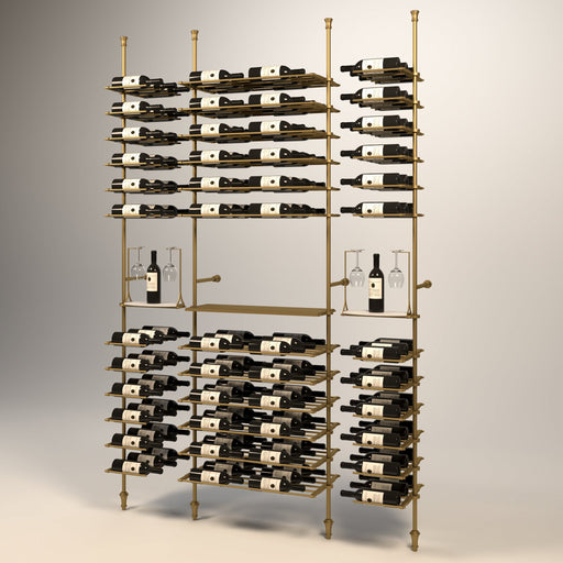 Fittings Bordeaux wine wall, 146 bottles, floor-to-ceiling metal wine rack in gold finish