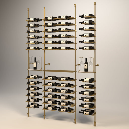 Fittings Bordeaux wine wall, 98 bottles, floor-to-ceiling metal wine rack in gold finish