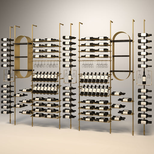 Fittings Calabria wine wall, 191 bottles, floor-to-ceiling metal wine rack in gold finish