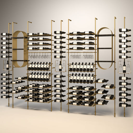Fittings Calabria wine wall, 233 bottles, floor-to-ceiling metal wine rack in gold finish