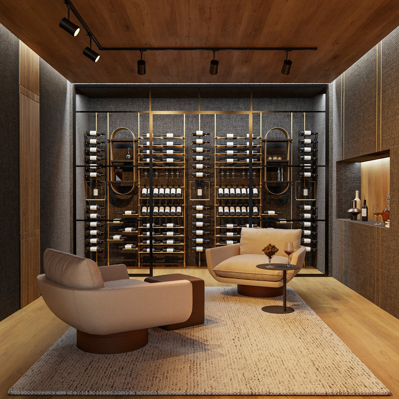 Fittings Calabria metal wine wall shown in a room setting