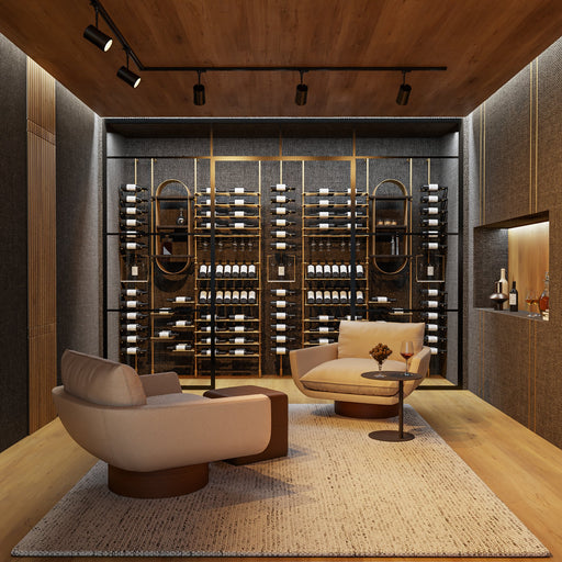 Fittings Calabria metal wine wall shown in a room setting