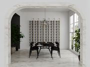 Fittings Cantilever Cork-Out wine wall seen through an arched doorway in a dining room
