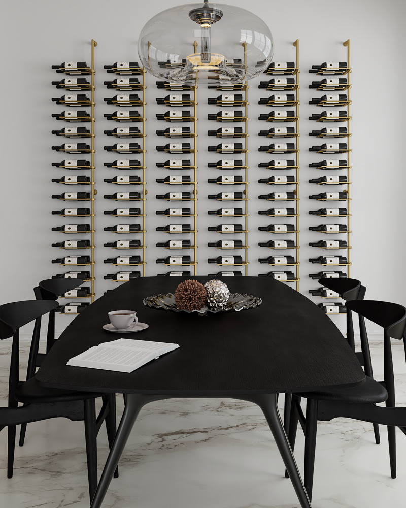 Fittings Cantilever Cork-Out wine racks above a dining table