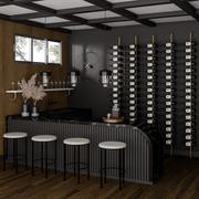 Fittings Cantilever Label-Out metal wine racks behind a home bar