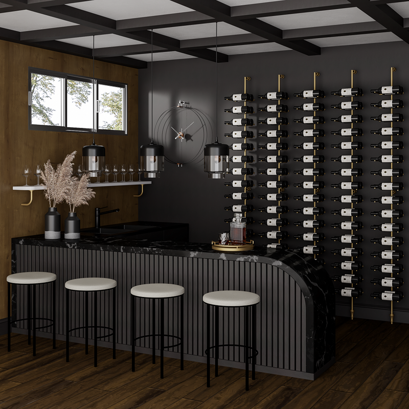 Fittings Cantilever Label-Out metal wine racks behind a home bar