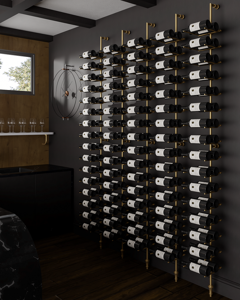 Fittings Cantilever Label-Out wine racks on a dark accent wall