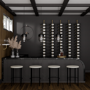 Fittings Cantilever Label-Out wine wall behind a home bar with bar stools