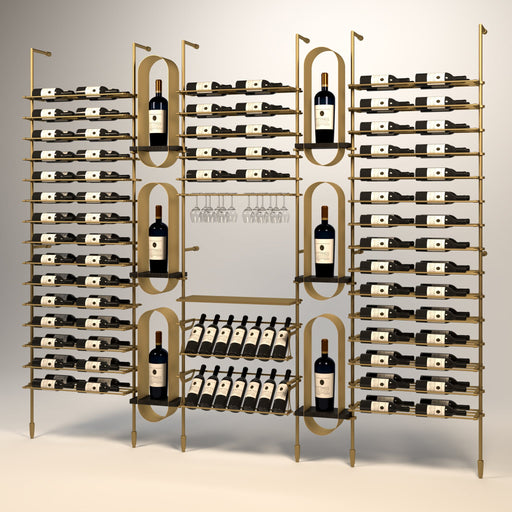 Fittings Corsica wine wall, 156 bottles, floor-to-ceiling metal wine rack in gold finish
