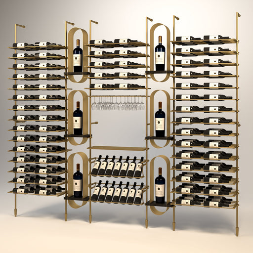Fittings Corsica wine wall, 226 bottles, floor-to-ceiling metal wine rack in gold finish