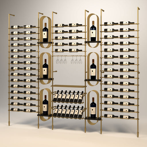 Fittings Corsica wine wall, 86 bottles, floor-to-ceiling metal wine rack in gold finish