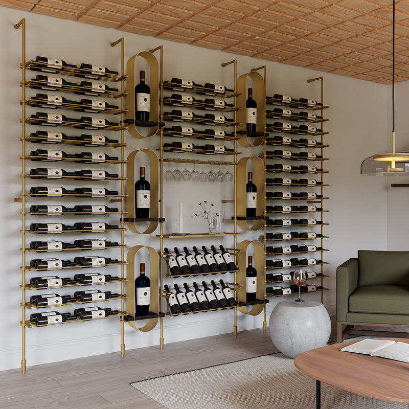 Fittings Corsica metal wine wall shown in a room setting