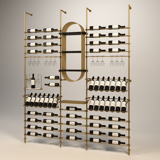 Fittings Lombardy wine wall, 64 bottles, floor-to-ceiling metal wine rack in gold finish