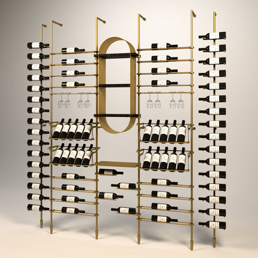 Fittings Marche wine wall, 72 bottles, floor-to-ceiling metal wine rack in gold finish