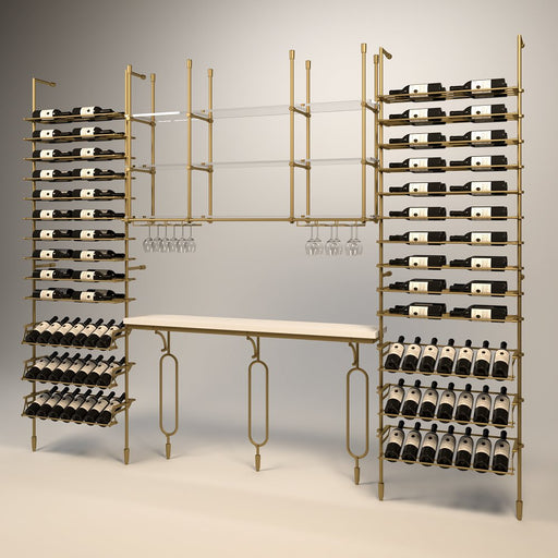 Fittings Marlborough wine wall, 128 bottles, floor-to-ceiling metal wine rack in gold finish