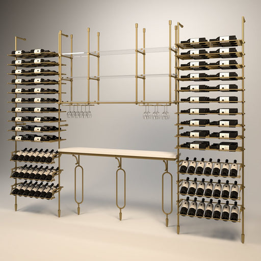Fittings Marlborough wine wall, 168 bottles, floor-to-ceiling metal wine rack in gold finish