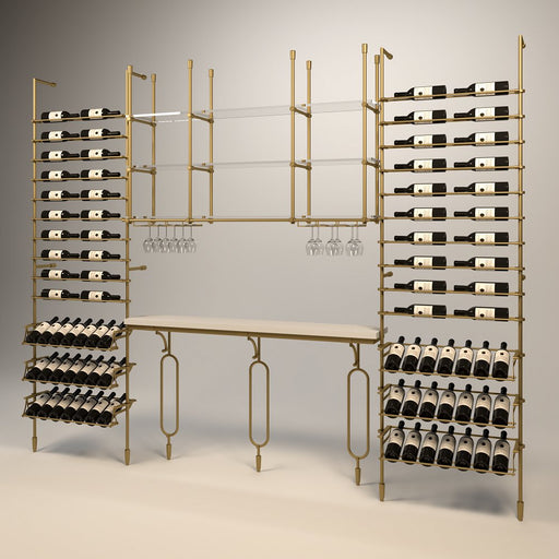 Fittings Marlborough wine wall, 88 bottles, floor-to-ceiling metal wine rack in gold finish