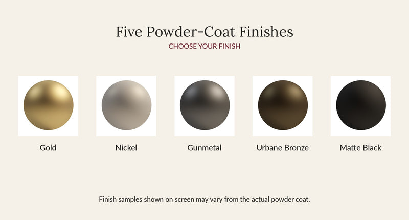 Fittings powder-coat finish options: Gold, Nickel, Gunmetal, Urbane Bronze, Matte Black