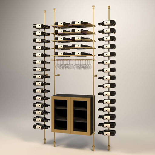 Fittings Napa wine wall, 90 bottles, floor-to-ceiling metal wine rack in gold finish