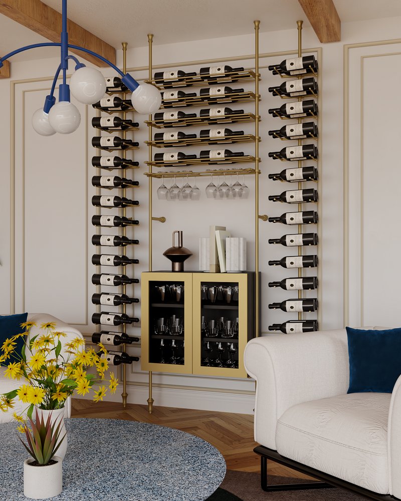 Fittings Napa metal wine wall shown in a room setting