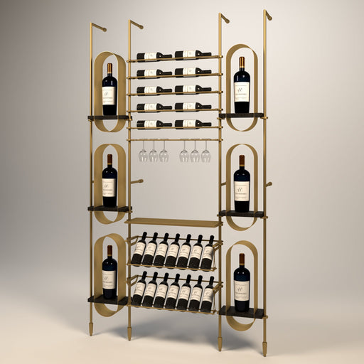 Fittings Piedmont wine wall, 26 bottles, floor-to-ceiling metal wine rack in gold finish