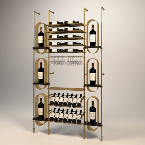 Fittings Piedmont wine wall, 46 bottles, floor-to-ceiling metal wine rack in gold finish