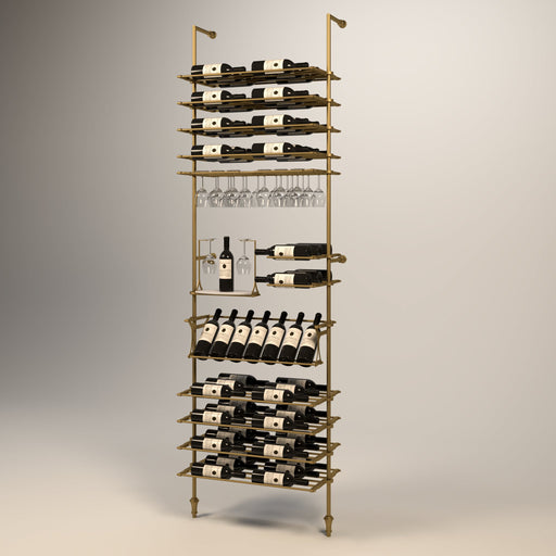 Fittings Provence wine wall, 63 bottles, floor-to-ceiling metal wine rack in gold finish
