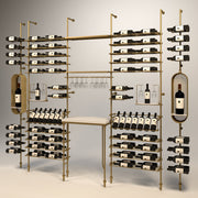 Fittings Rhone wine wall, 130 bottles, floor-to-ceiling metal wine rack in gold finish