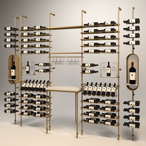 Fittings Rhone wine wall, 130 bottles, floor-to-ceiling metal wine rack in gold finish