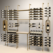 Fittings Rhone wine wall, 170 bottles, floor-to-ceiling metal wine rack in gold finish