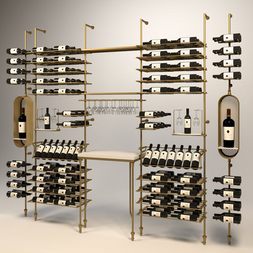 Fittings Rhone wine wall, 170 bottles, floor-to-ceiling metal wine rack in gold finish