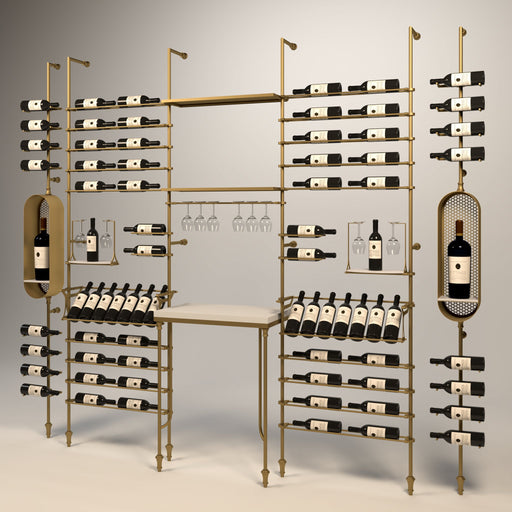Fittings Rhone wine wall, 74 bottles, floor-to-ceiling metal wine rack in gold finish