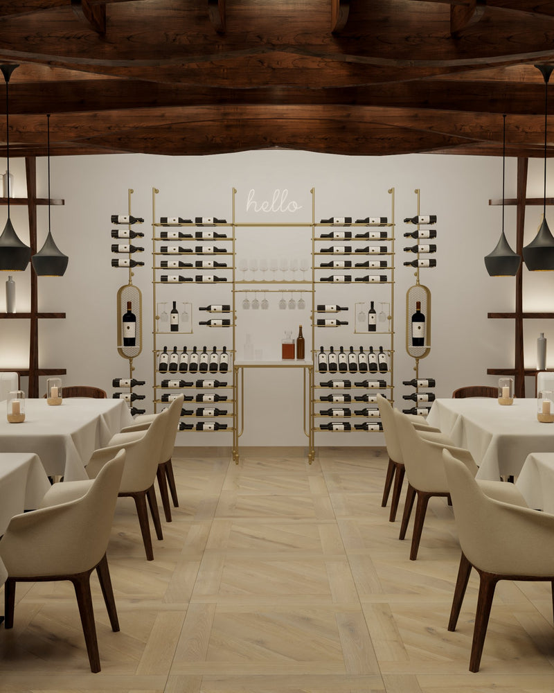 Fittings Rhone metal wine wall shown in a room setting