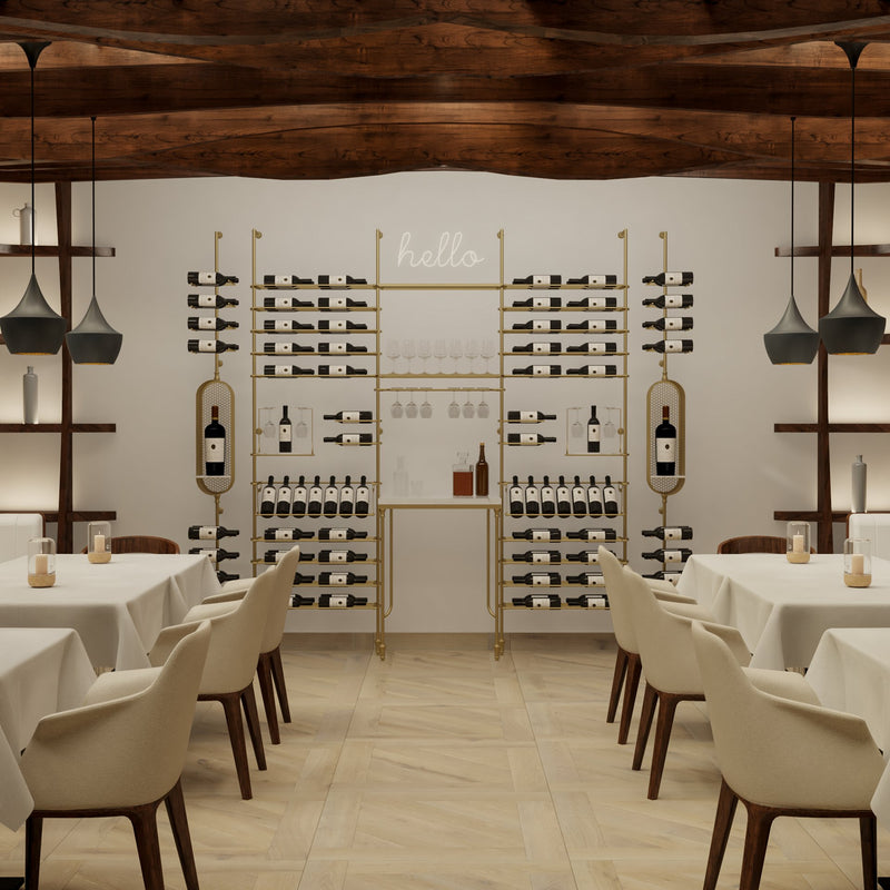 Fittings Rhone metal wine wall shown in a room setting