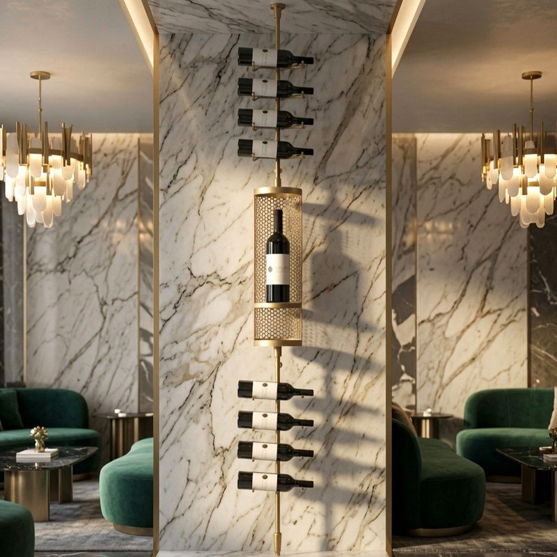 Fittings Sierra metal wine rack shown in a room setting