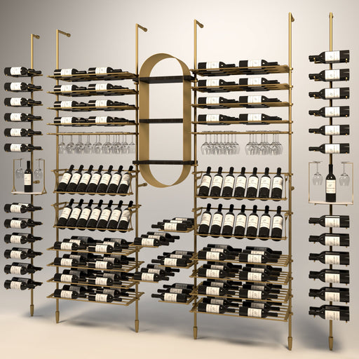 Fittings Tuscany wine wall, 193 bottles, floor-to-ceiling metal wine rack in gold finish
