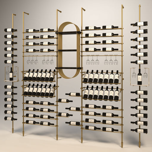 Fittings Tuscany wine wall, 95 bottles, floor-to-ceiling metal wine rack in gold finish