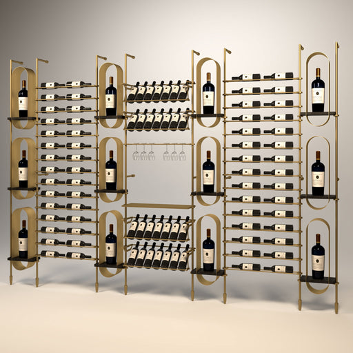 Fittings Umbria wine wall, 92 bottles, floor-to-ceiling metal wine rack in gold finish