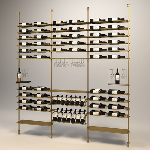 Fittings Venato wine wall, 118 bottles, floor-to-ceiling metal wine rack in gold finish
