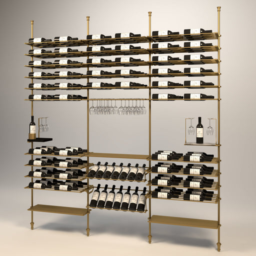 Fittings Venato wine wall, 168 bottles, floor-to-ceiling metal wine rack in gold finish