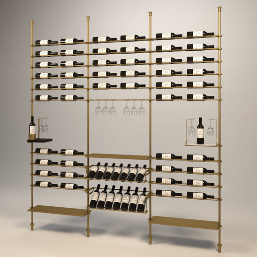 Fittings Venato wine wall, 68 bottles, floor-to-ceiling metal wine rack in gold finish