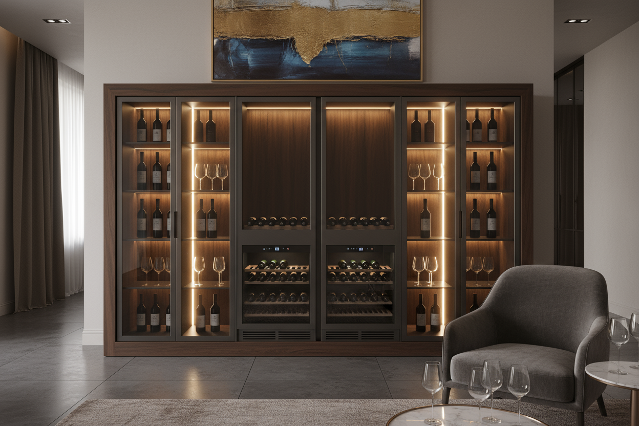 Luxury modern wine furniture cabinet with built-in wine coolers, matching dark metal and glass design consistent with modern glass-door wine rooms, warm LED backlighting, elegant wood frame in walnut finish, minimalistic decor with art piece above, soft ambient lighting, reflective glass surfaces, realistic 3D interior render, high-end home bar aesthetic, premium showroom atmosphere.